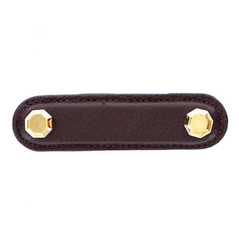 Vicenza Hardware Leather Collection 3" (76mm) Carducci Pull in Brown Leather in Polished Gold