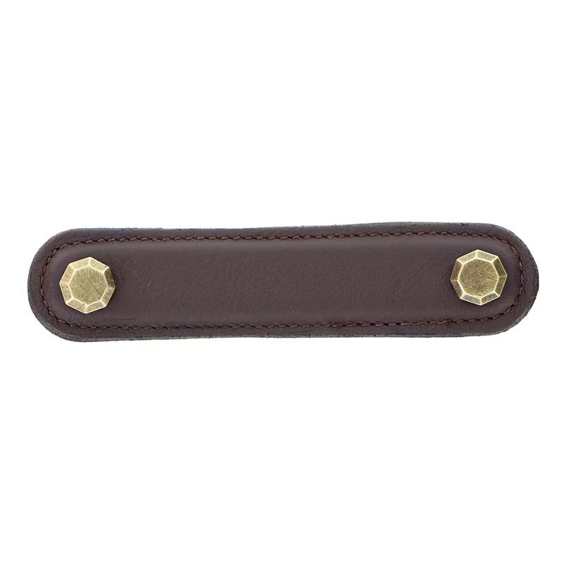 Vicenza Hardware Leather Collection 4" (102mm) Carducci Pull in Brown Leather in Antique Brass