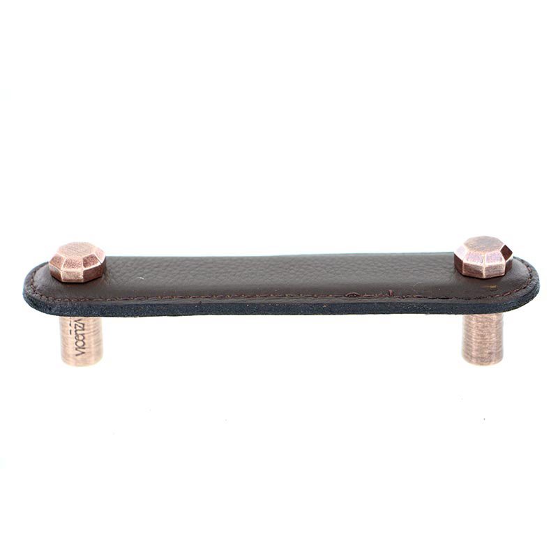 Vicenza Hardware Leather Collection 4" (102mm) Carducci Pull in Brown Leather in Antique Copper
