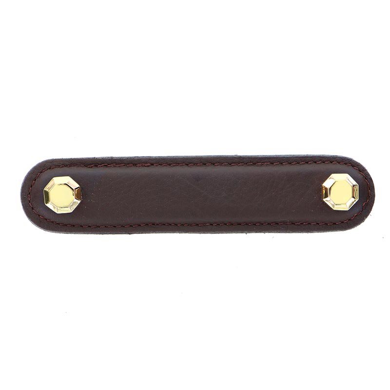 Vicenza Hardware Leather Collection 4" (102mm) Carducci Pull in Brown Leather in Polished Gold