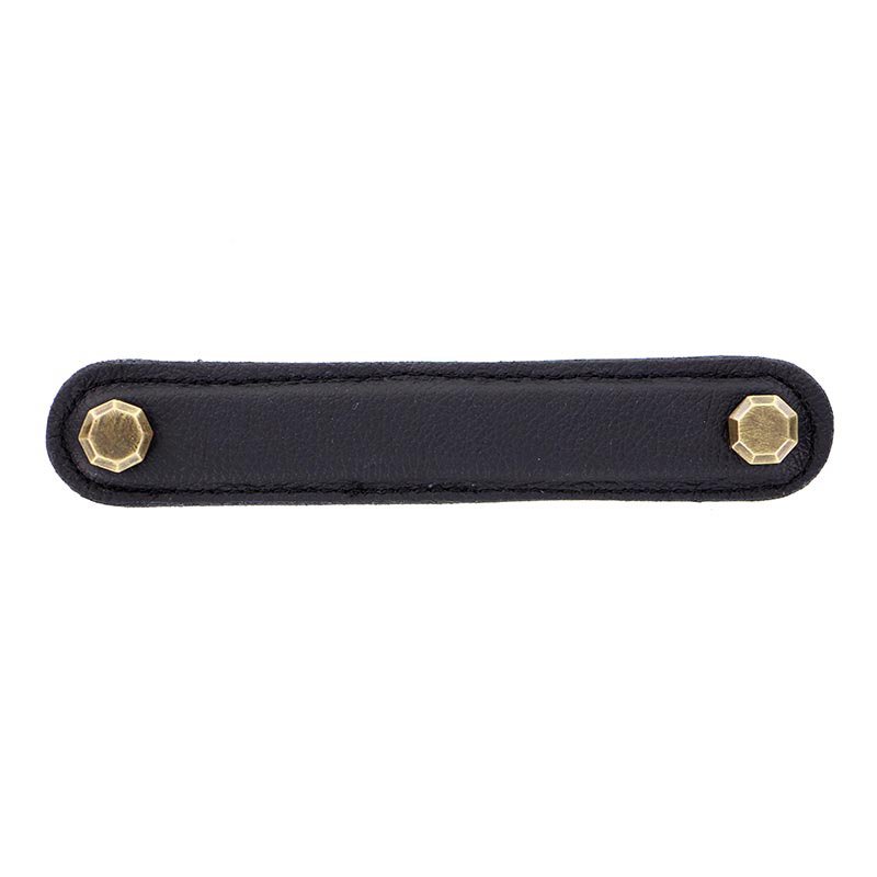 Vicenza Hardware Leather Collection 5" (128mm) Carducci Pull in Black Leather in Antique Brass
