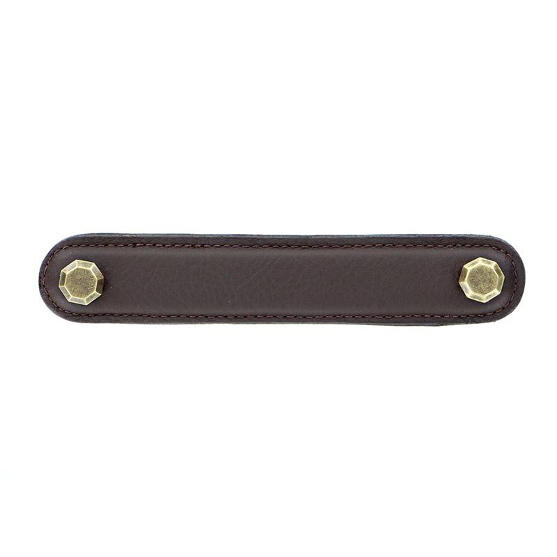 Vicenza Hardware Leather Collection 5" (128mm) Carducci Pull in Brown Leather in Antique Brass