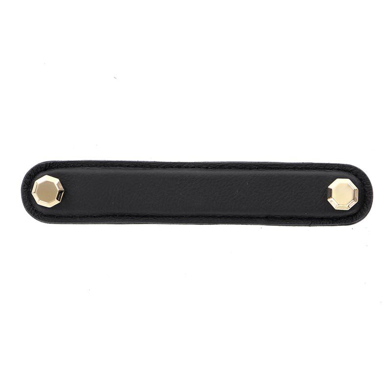 Vicenza Hardware Leather Collection 5" (128mm) Carducci Pull in Black Leather in Polished Gold