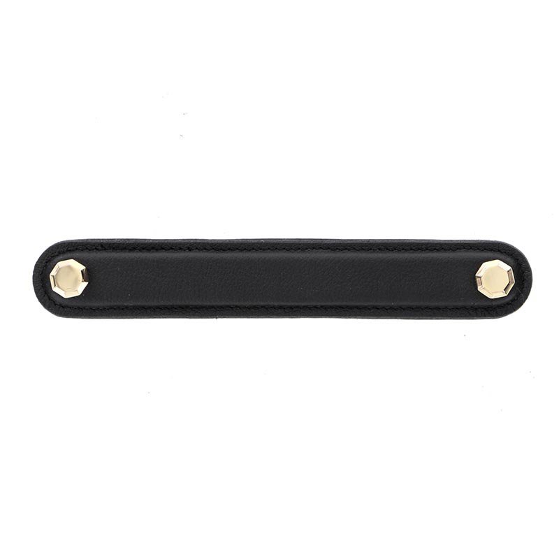 Vicenza Hardware Leather Collection 6" (152mm) Carducci Pull in Black Leather in Polished Gold
