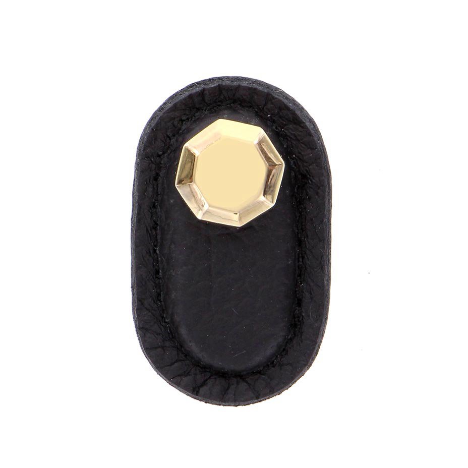 Vicenza Hardware Leather Collection Carducci Knob in Black Leather in Polished Gold