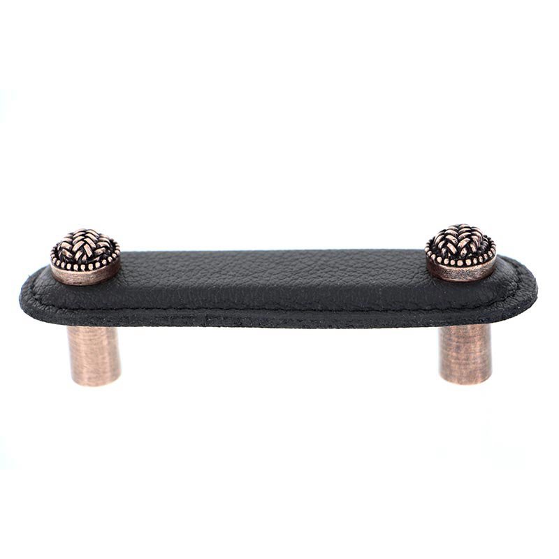 Vicenza Hardware Leather Collection 3" (76mm) Cestino Pull in Black Leather in Antique Copper