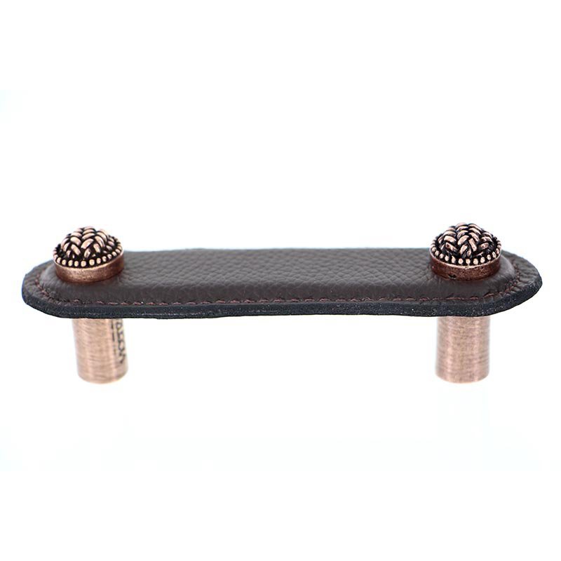Vicenza Hardware Leather Collection 3" (76mm) Cestino Pull in Brown Leather in Antique Copper