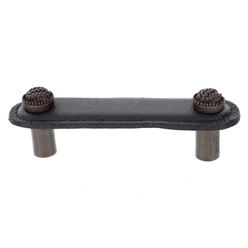 Vicenza Hardware Leather Collection 3" (76mm) Cestino Pull in Black Leather in Oil Rubbed Bronze