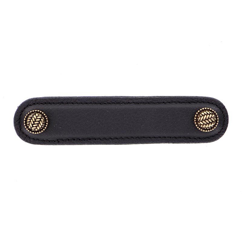 Vicenza Hardware Leather Collection 4" (102mm) Cestino Pull in Black Leather in Antique Brass