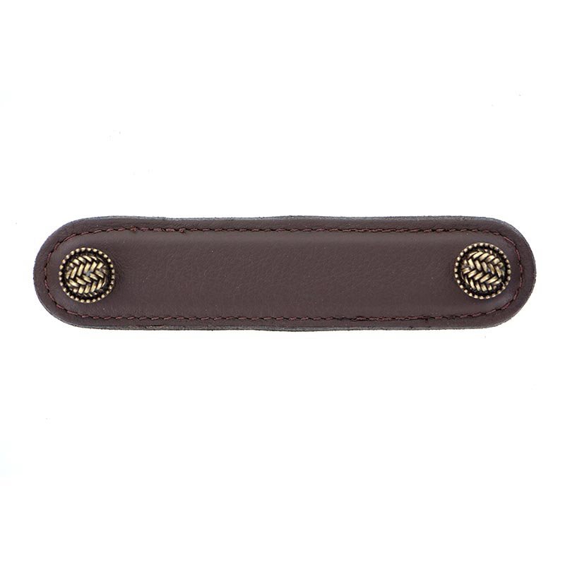 Vicenza Hardware Leather Collection 4" (102mm) Cestino Pull in Brown Leather in Antique Brass