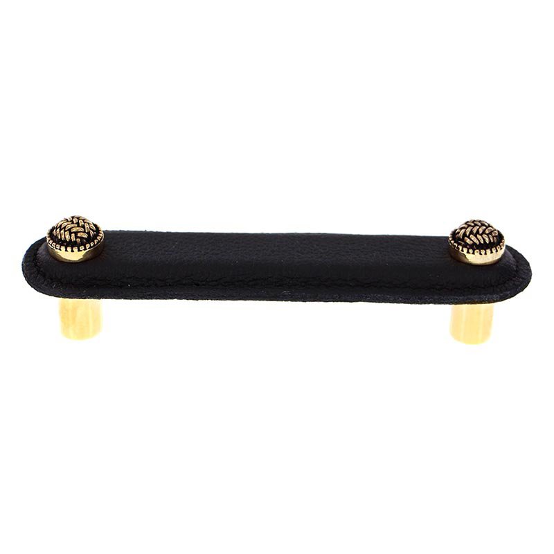 Vicenza Hardware Leather Collection 4" (102mm) Cestino Pull in Black Leather in Antique Gold