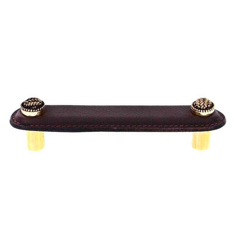 Vicenza Hardware Leather Collection 4" (102mm) Cestino Pull in Brown Leather in Antique Gold