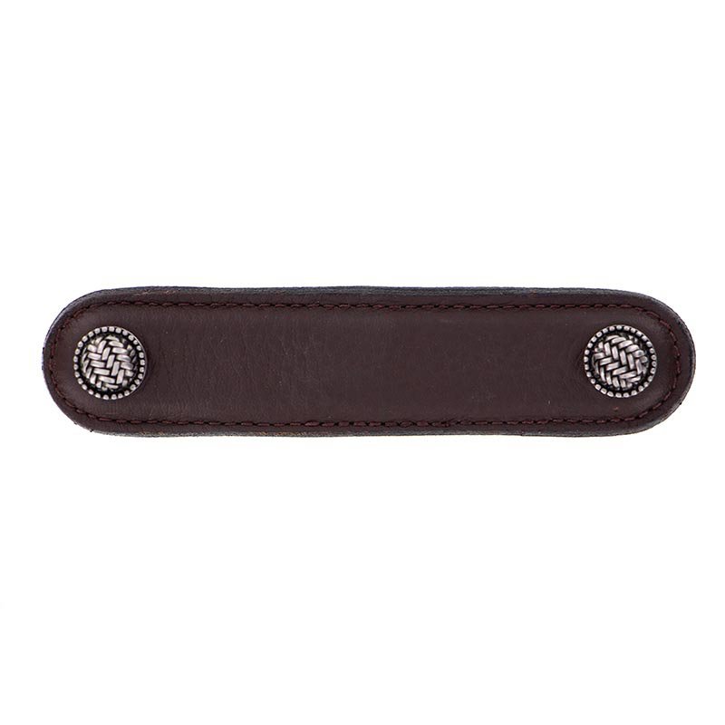 Vicenza Hardware Leather Collection 4" (102mm) Cestino Pull in Brown Leather in Antique Nickel