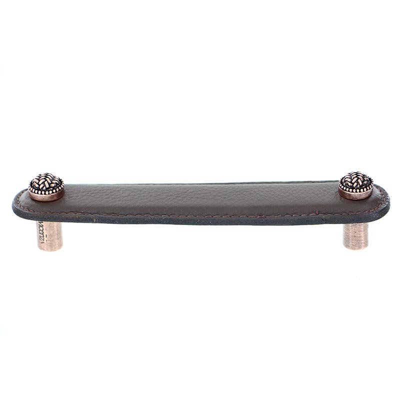 Vicenza Hardware Leather Collection 5" (128mm) Cestino Pull in Brown Leather in Antique Copper