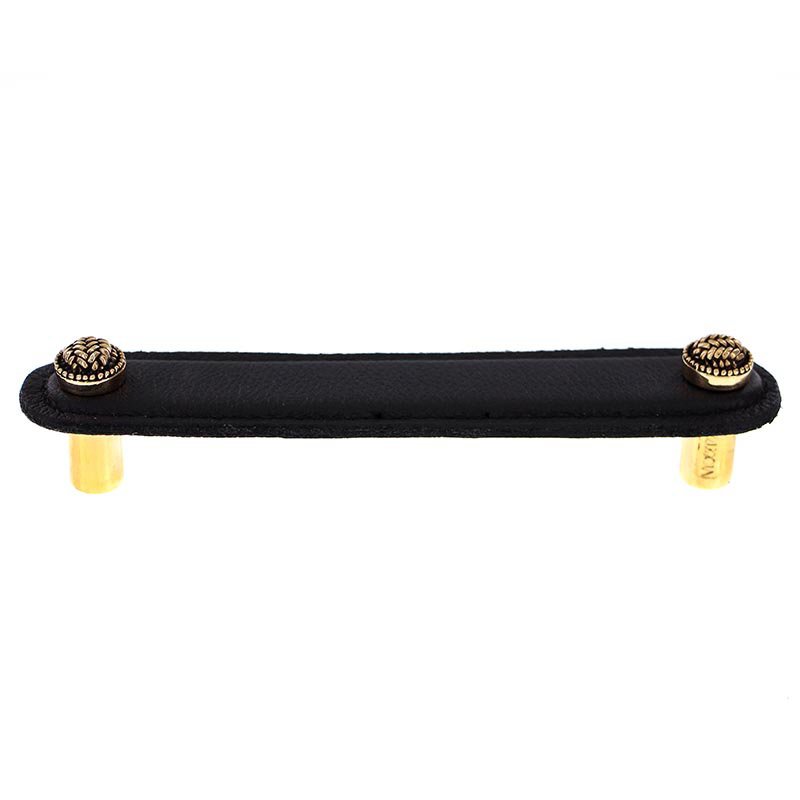 Vicenza Hardware Leather Collection 5" (128mm) Pull in Black Leather in Antique Gold