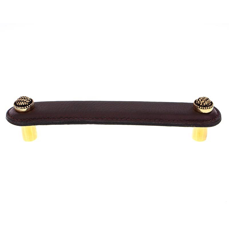 Vicenza Hardware Leather Collection 5" (128mm) Cestino Pull in Brown Leather in Antique Gold