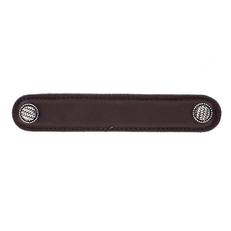 Vicenza Hardware Leather Collection 5" (128mm) Cestino Pull in Brown Leather in Vintage Pewter