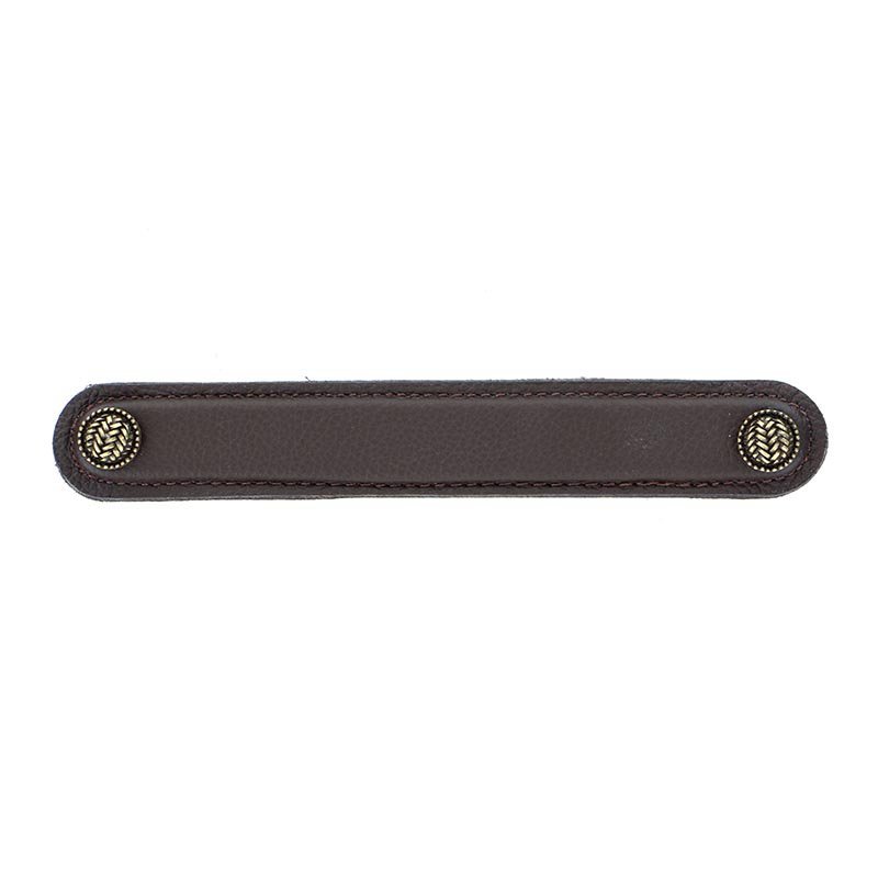 Vicenza Hardware Leather Collection 6" (152mm) Cestino Pull in Brown Leather in Antique Brass
