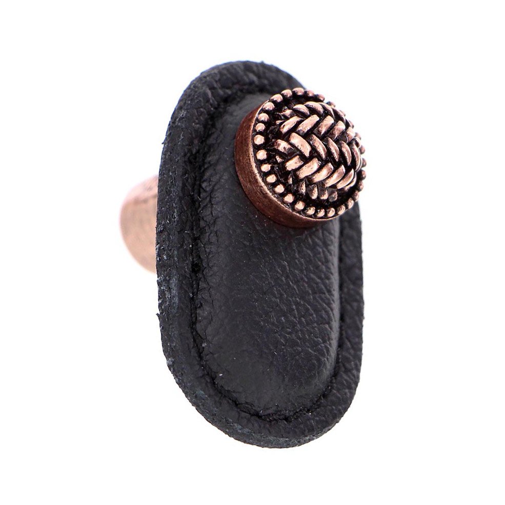 Vicenza Hardware Leather Collection Cestino Knob in Black Leather in Antique Copper