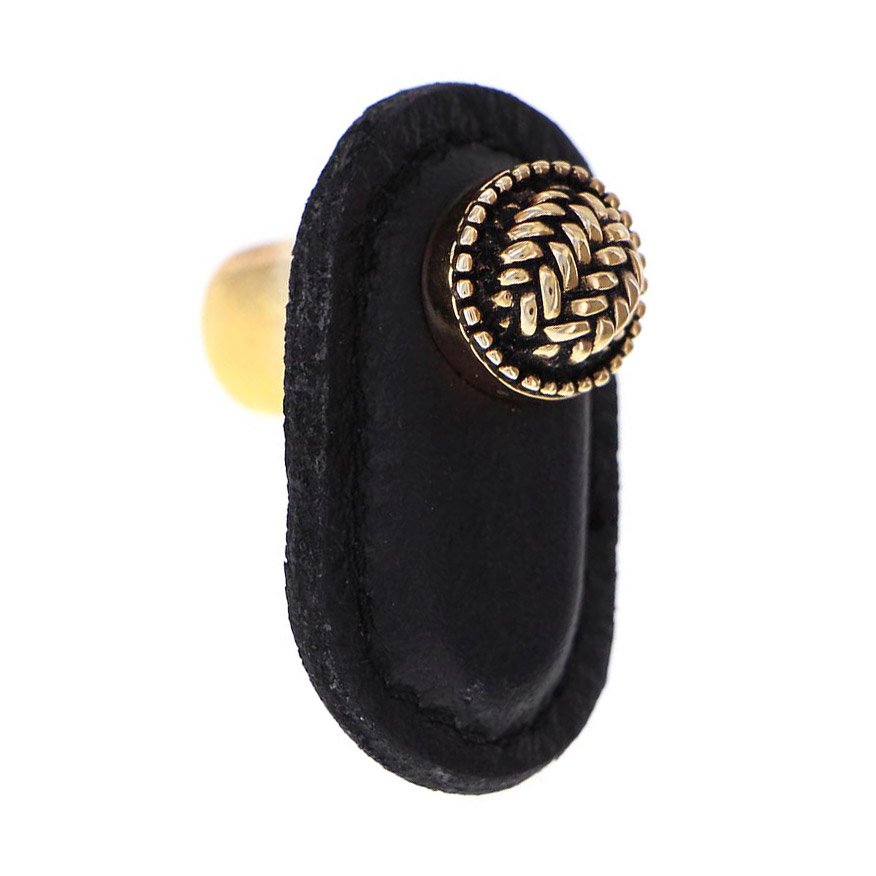 Vicenza Hardware Leather Collection Cestino Knob in Black Leather in Antique Gold