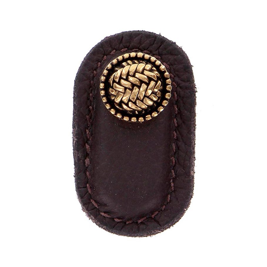 Vicenza Hardware Leather Collection Cestino Knob in Brown Leather in Antique Gold