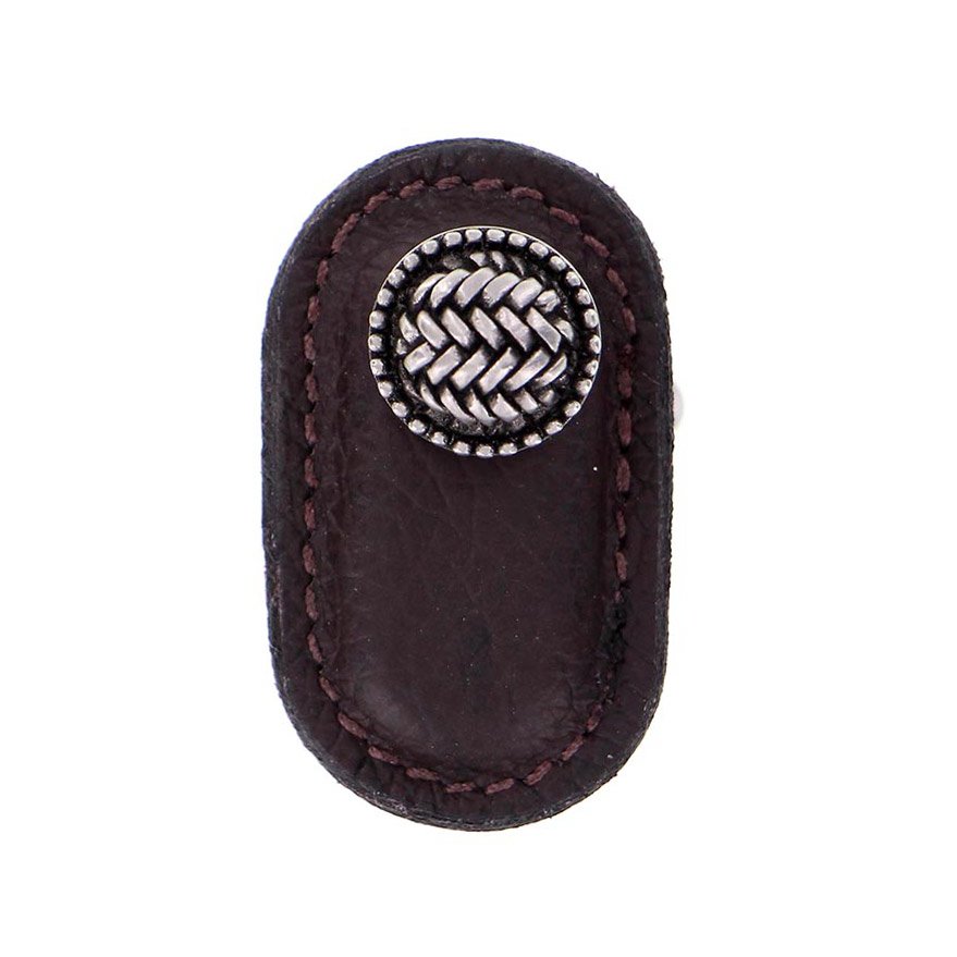 Vicenza Hardware Leather Collection Cestino Knob in Brown Leather in Antique Nickel