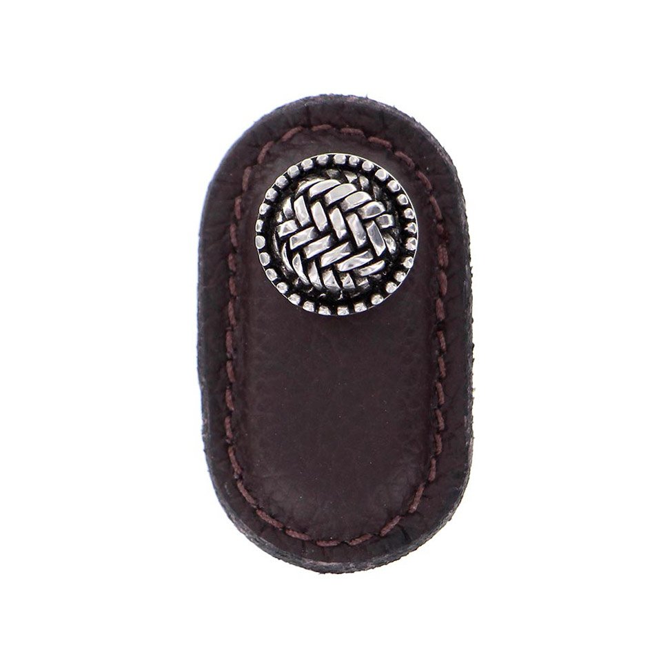 Vicenza Hardware Leather Collection Cestino Knob in Brown Leather in Antique Silver