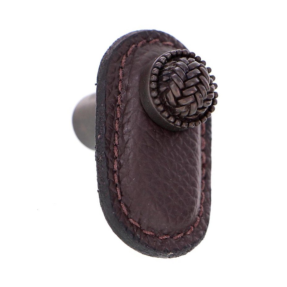 Vicenza Hardware Leather Collection Cestino Knob in Brown Leather in Oil Rubbed Bronze