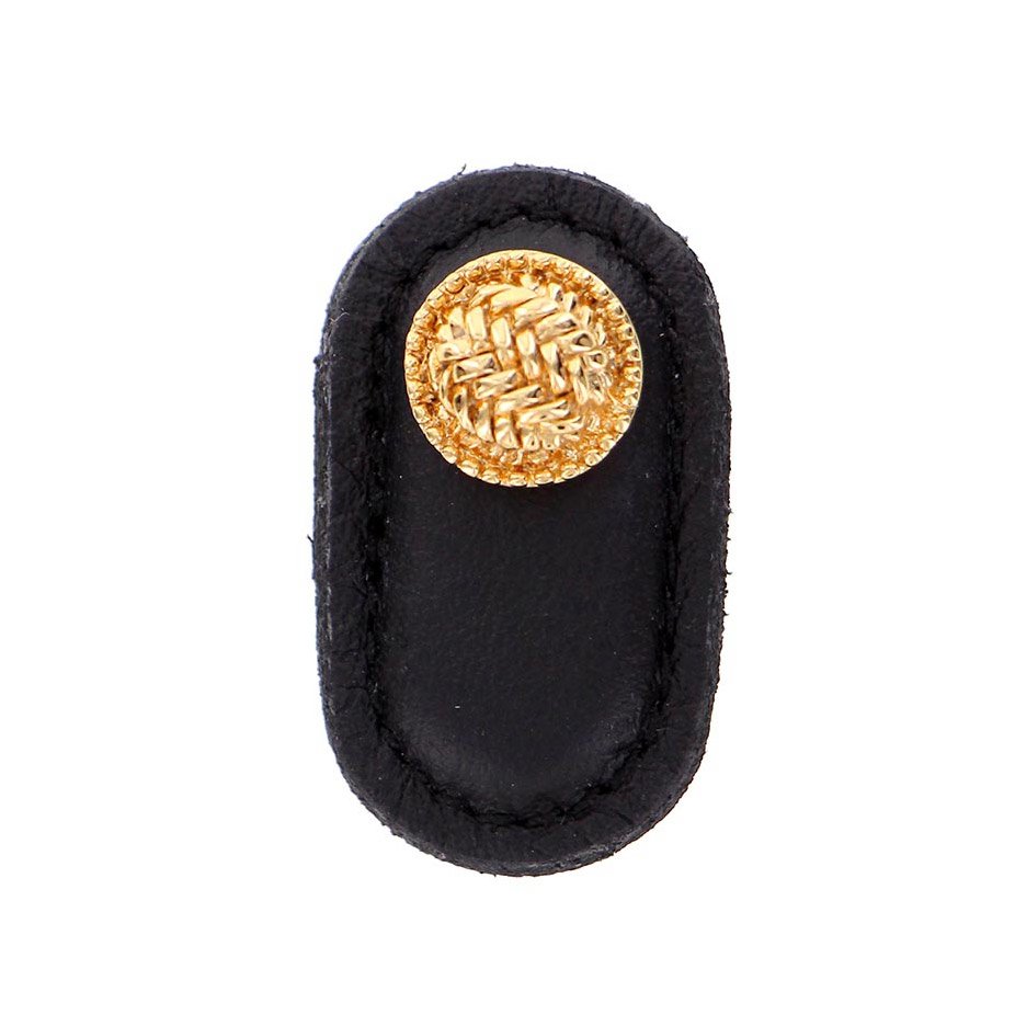 Vicenza Hardware Leather Collection Cestino Knob in Black Leather in Polished Gold