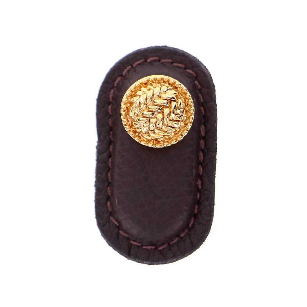 Vicenza Hardware Leather Collection Cestino Knob in Brown Leather in Polished Gold