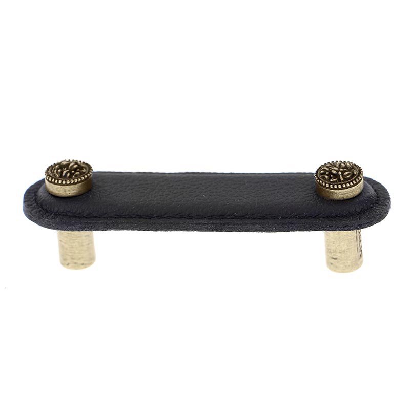 Vicenza Hardware 3" (76mm) Pull in Black Leather in Antique Brass