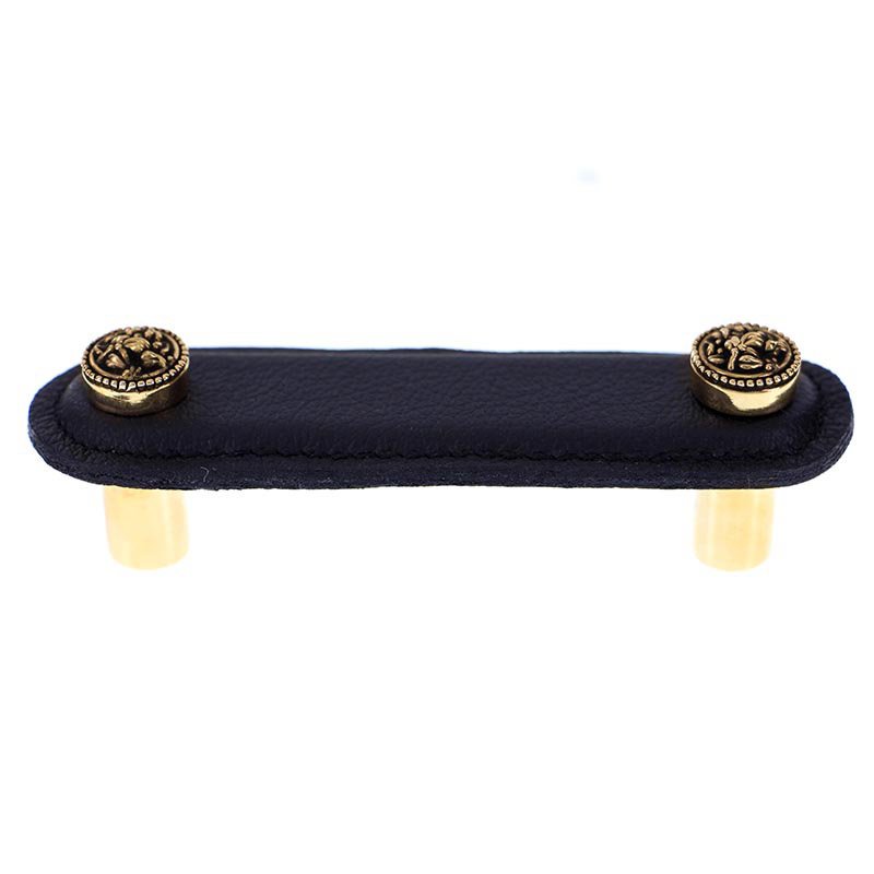 Vicenza Hardware 3" (76mm) Pull in Black Leather in Antique Gold