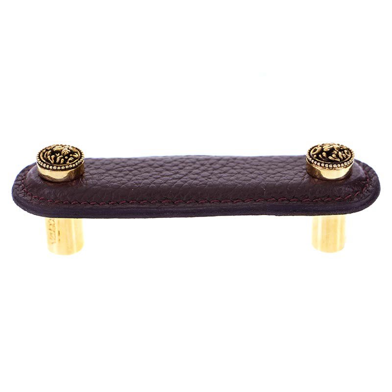 Vicenza Hardware 3" (76mm) Pull in Brown Leather in Antique Gold