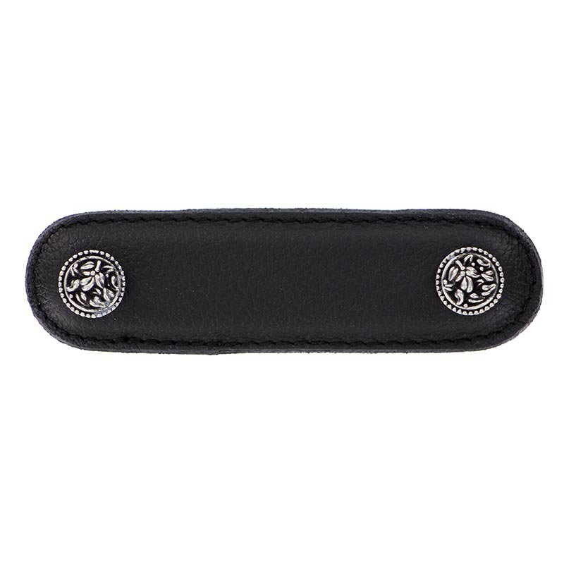 Vicenza Hardware 3" (76mm) Pull in Black Leather in Antique Silver