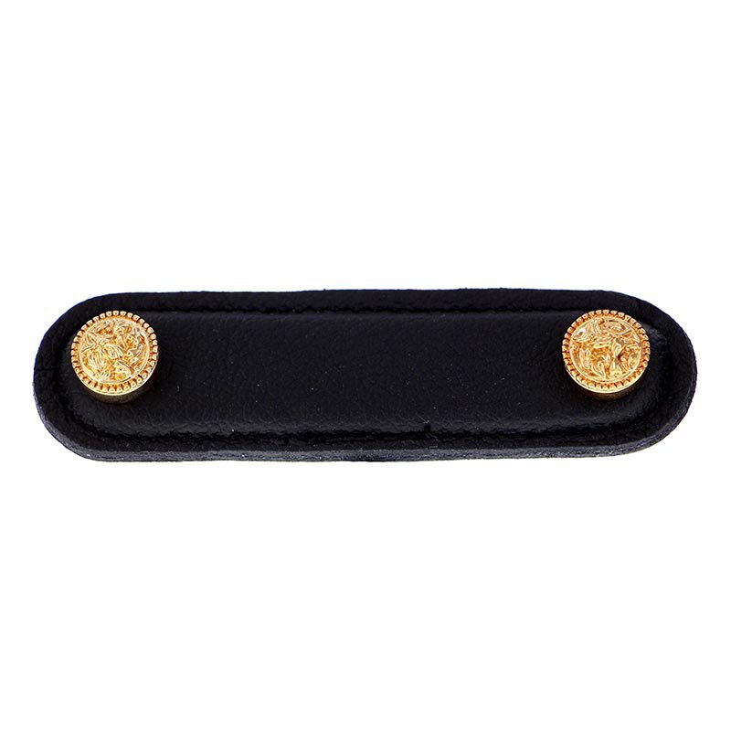 Vicenza Hardware 3" (76mm) Pull in Black Leather in Polished Gold