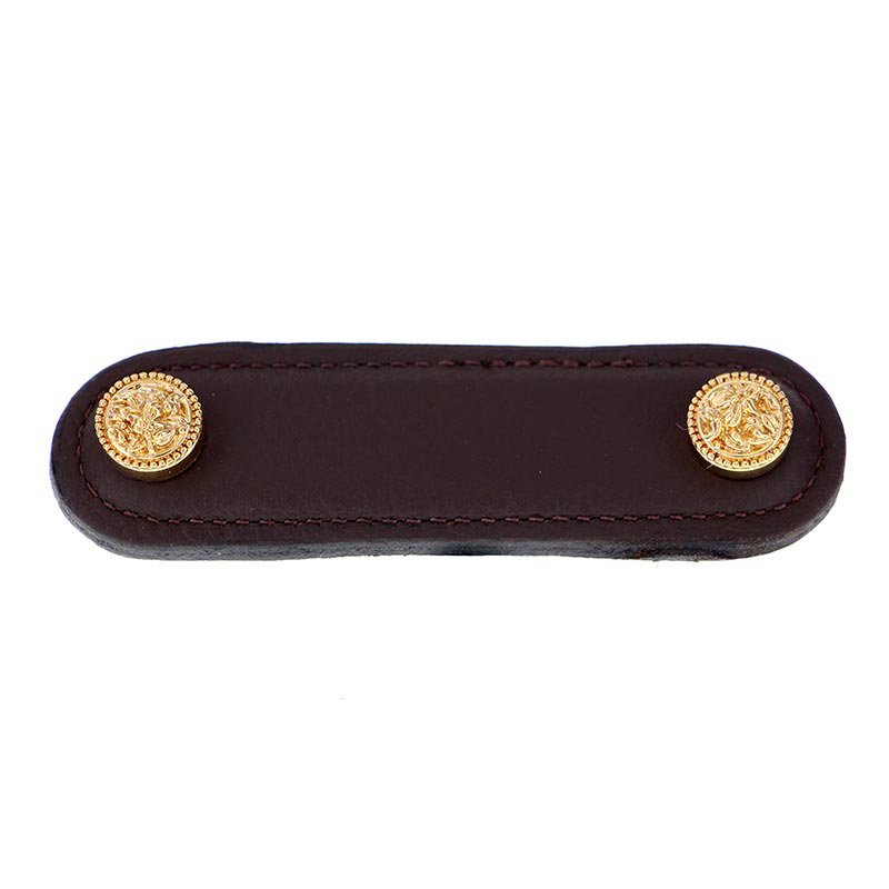 Vicenza Hardware 3" (76mm) Pull in Brown Leather in Polished Gold