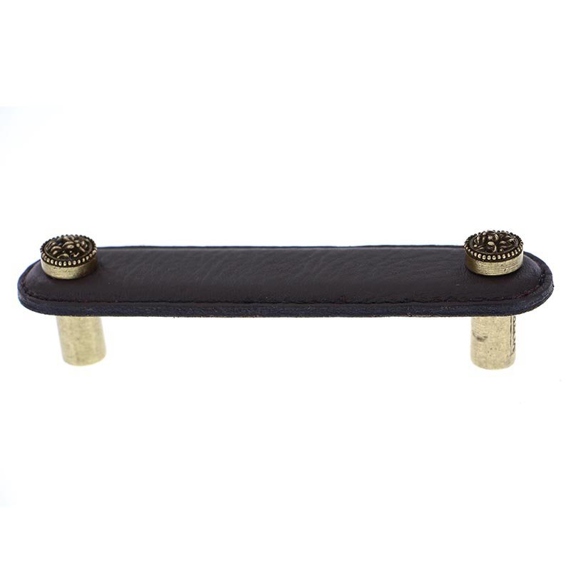 Vicenza Hardware 4" (102mm) Pull in Black Leather in Antique Brass