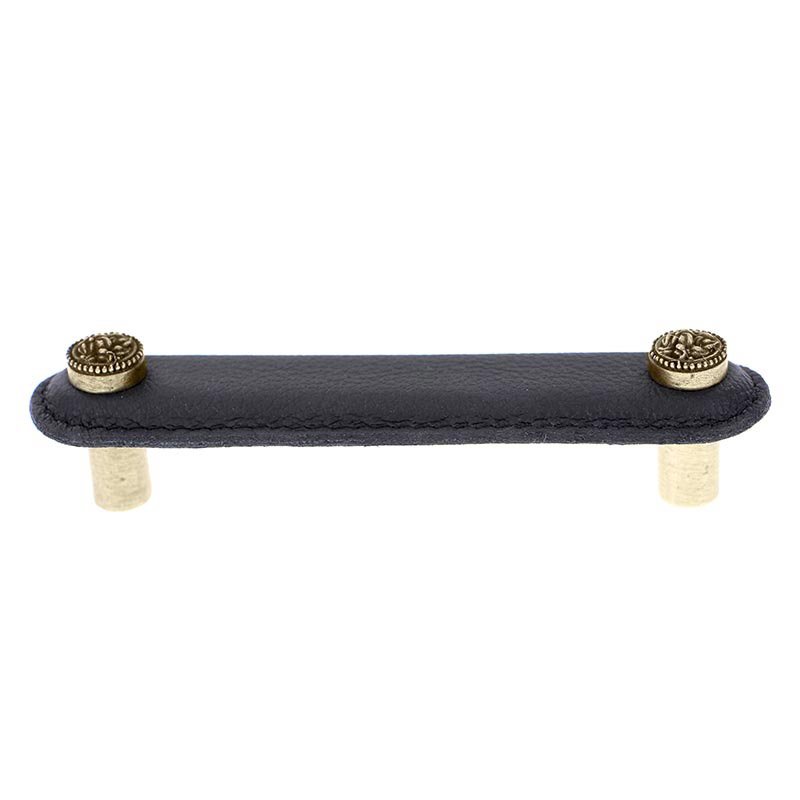 Vicenza Hardware 4" (102mm) Pull in Brown Leather in Antique Brass