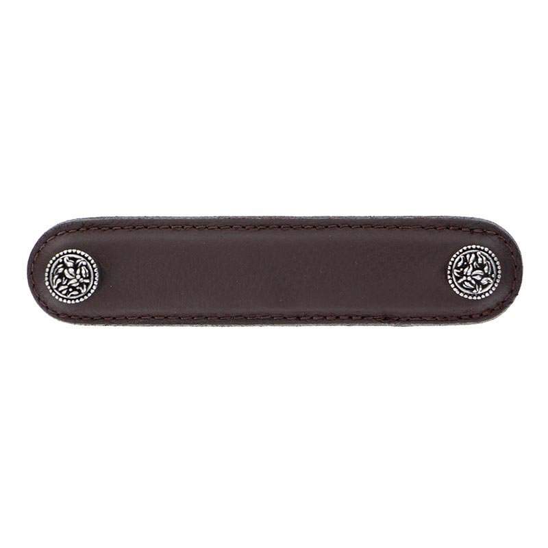 Vicenza Hardware 4" (102mm) Pull in Brown Leather in Vintage Pewter