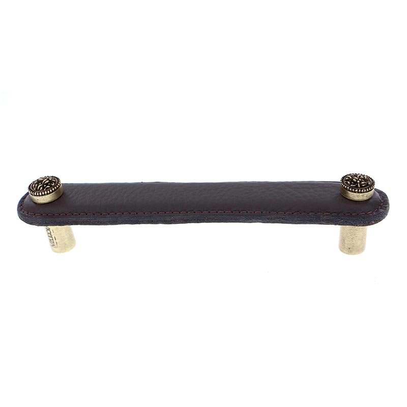 Vicenza Hardware 5" (128mm) Pull in Brown Leather in Antique Brass