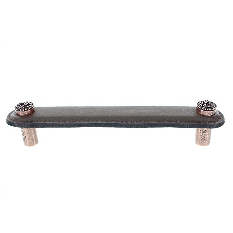 Vicenza Hardware 5" (128mm) Pull in Brown Leather in Antique Copper