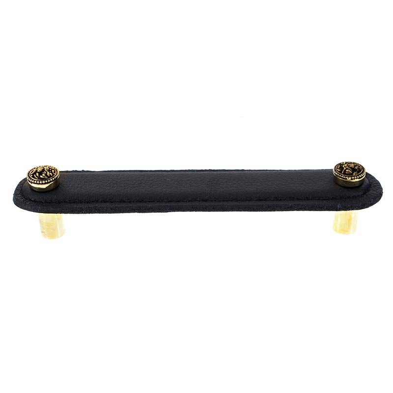Vicenza Hardware 5" (128mm) Pull in Black Leather in Antique Gold