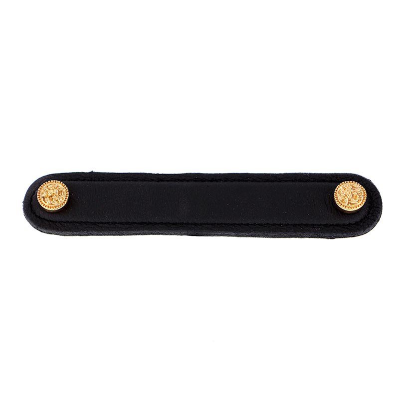Vicenza Hardware 5" (128mm) Pull in Black Leather in Polished Gold