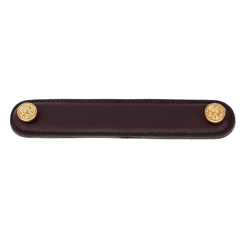 Vicenza Hardware 5" (128mm) Pull in Brown Leather in Polished Gold