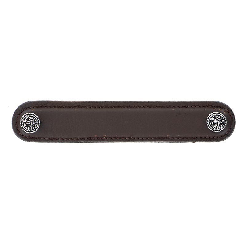 Vicenza Hardware 5" (128mm) Pull in Brown Leather in Vintage Pewter