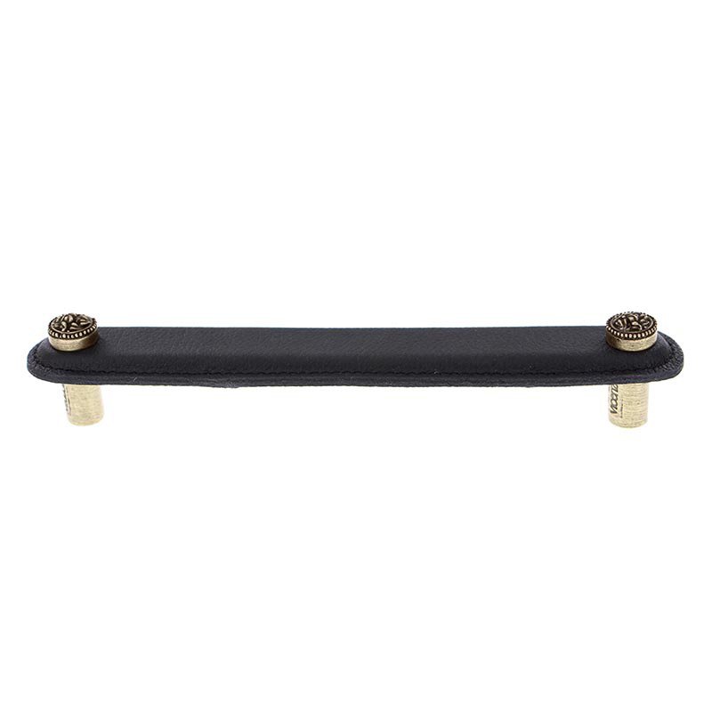 Vicenza Hardware 6" (152mm) Pull in Black Leather in Antique Brass