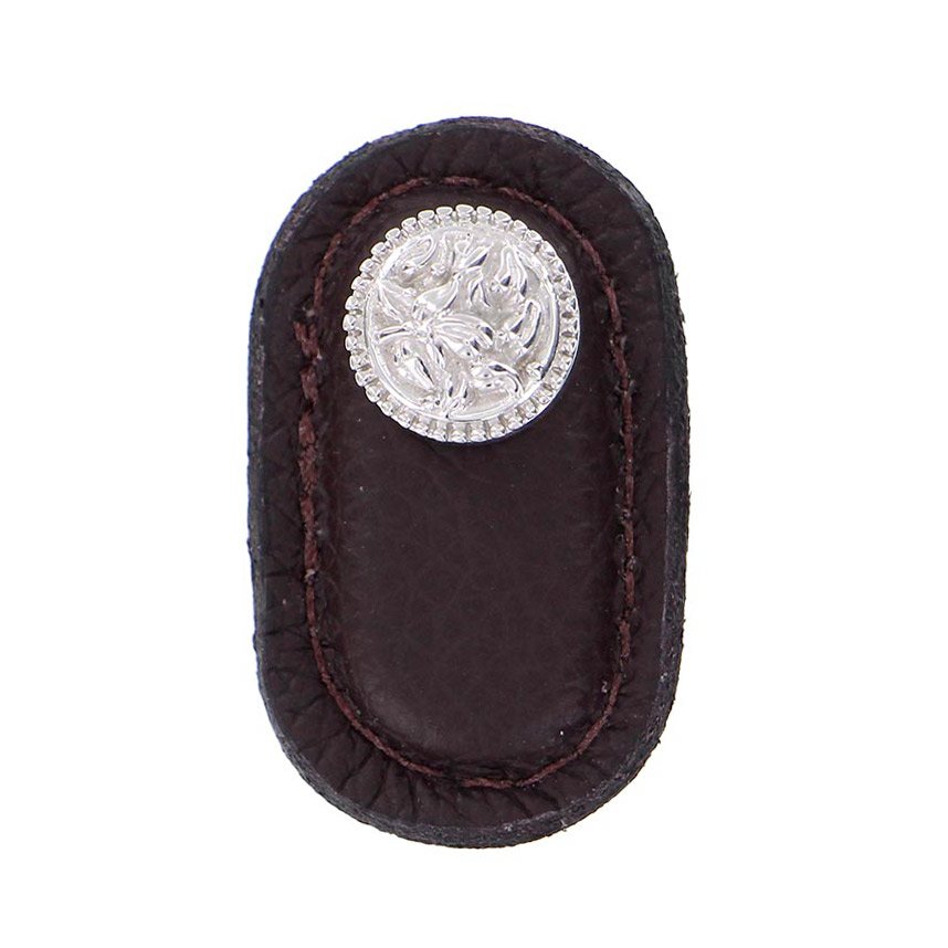 Vicenza Hardware Large Knob with Leather Insert in Polished Silver with Brown Leather Insert