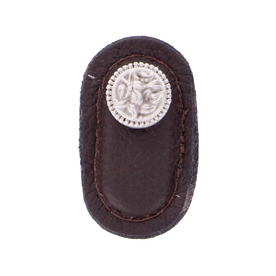 Vicenza Hardware Large Knob with Leather Insert in Satin Nickel with Brown Leather Insert