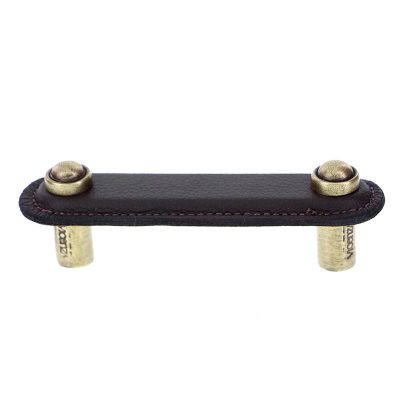 Vicenza Hardware Leather Collection 3" (76mm) Magrini Pull in Brown Leather in Antique Brass
