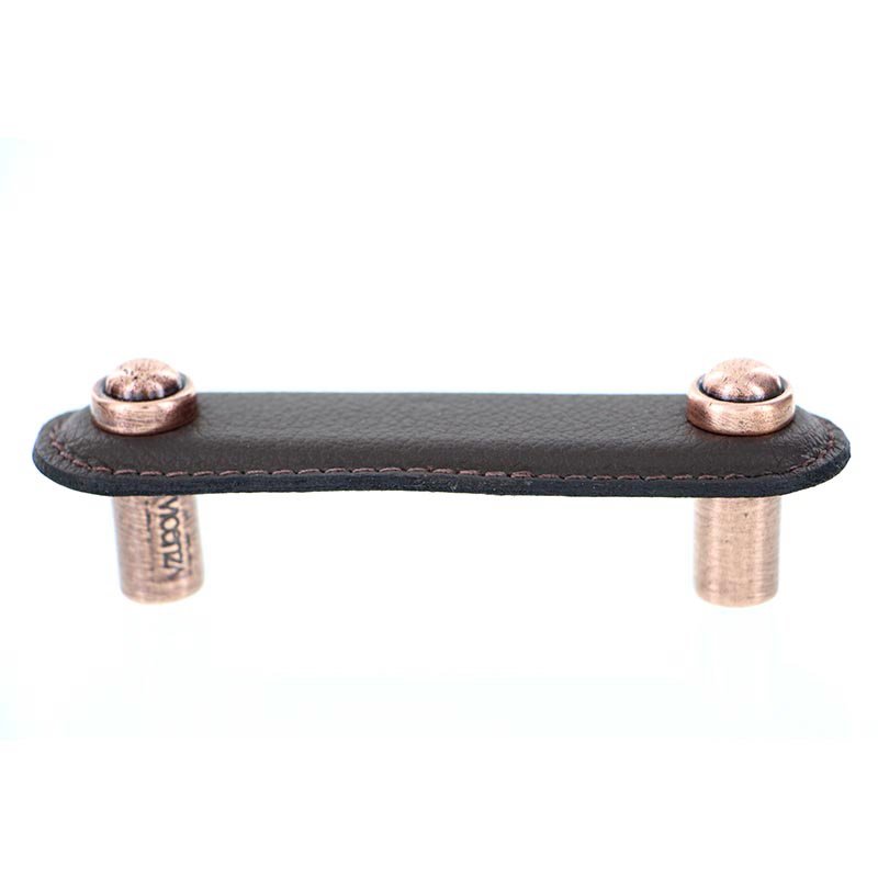 Vicenza Hardware Leather Collection 3" (76mm) Magrini Pull in Brown Leather in Antique Copper